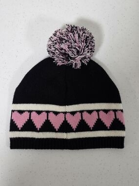 GUESS Vintage Black Beanie Knit Winter Hat with Pink Heart Pattern and Pom OSFA